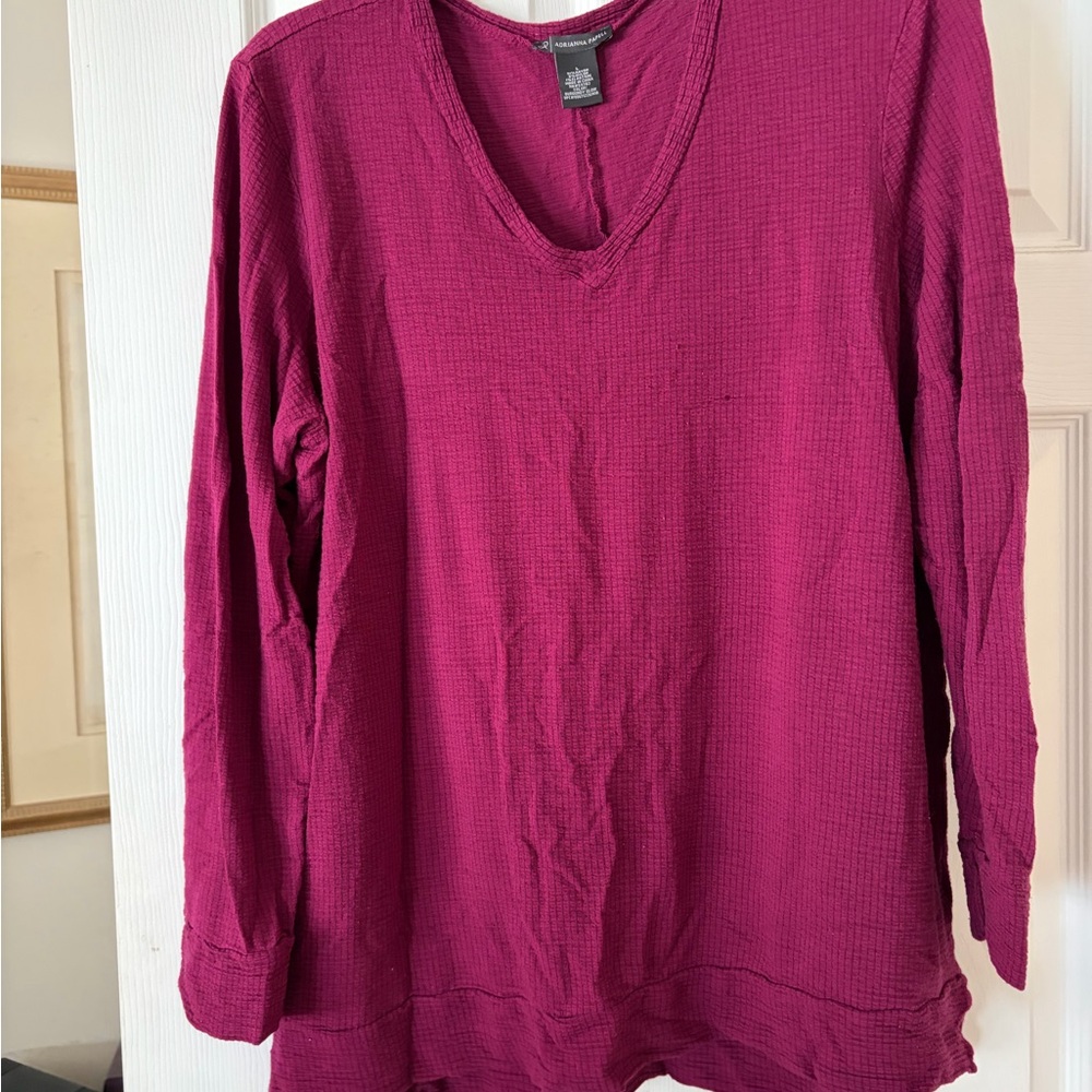 Adrianna Papell Magenta Waffle V-Neck Long Sleeve Top